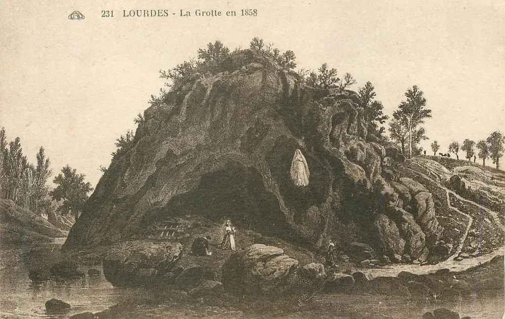 Lourdes - A Gruta em 1858 — série 231, editada pela Associação dos Artes Fotomecânicas em Strasbourg - Frente