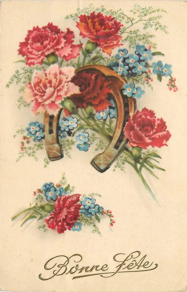 Arranjo de flores e calcanhar de cavalo — Boa Festa — Impresso na França - Frente