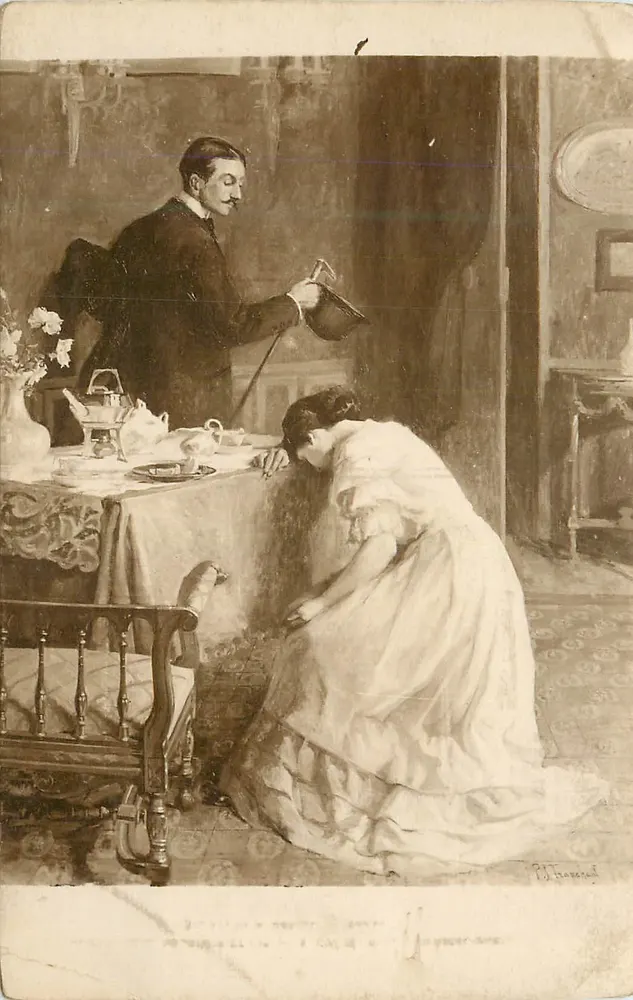 Cena íntima — homem e mulher à mesa — P. Tranchant - Frente