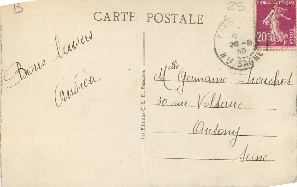 Frontière France-Suisse — Bassins du Doubs — Éditions C. L. B., Besançon, n° 881 - Verso