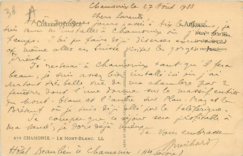 Mont-Blanc — Vista das Aiguilles du Midi — Lévy et Néder-Béus, Paris, Imp. n°38 - Verso