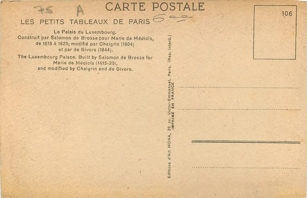 Palazzo del Luxembourg — Parigi — Edizioni d'Arte Mona, n°106 - Verso