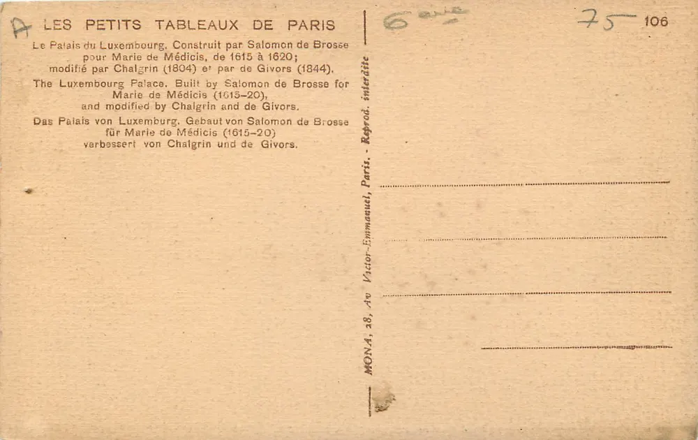 O Palácio do Luxembourg — Paris — editor MONA, n° 106 - Verso