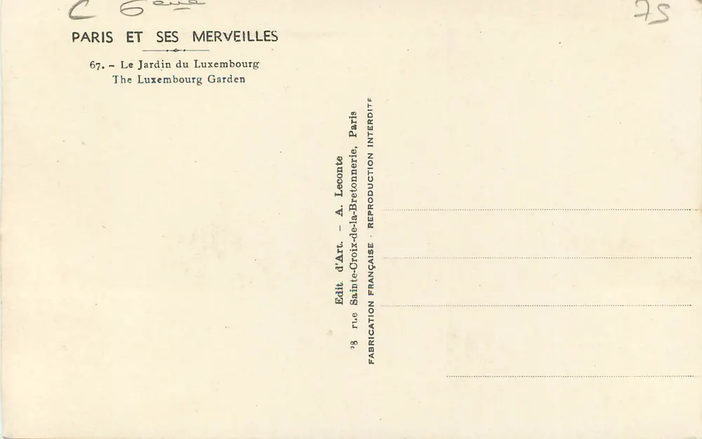 O Jardim do Luxemburgo — Paris — Editor A. Leconte - Verso