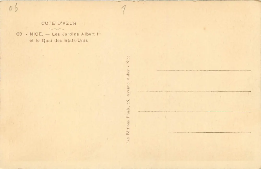 Nice — Die Gärten Albert I und der Quai des États-Unis — Editions Auber - Rückseite
