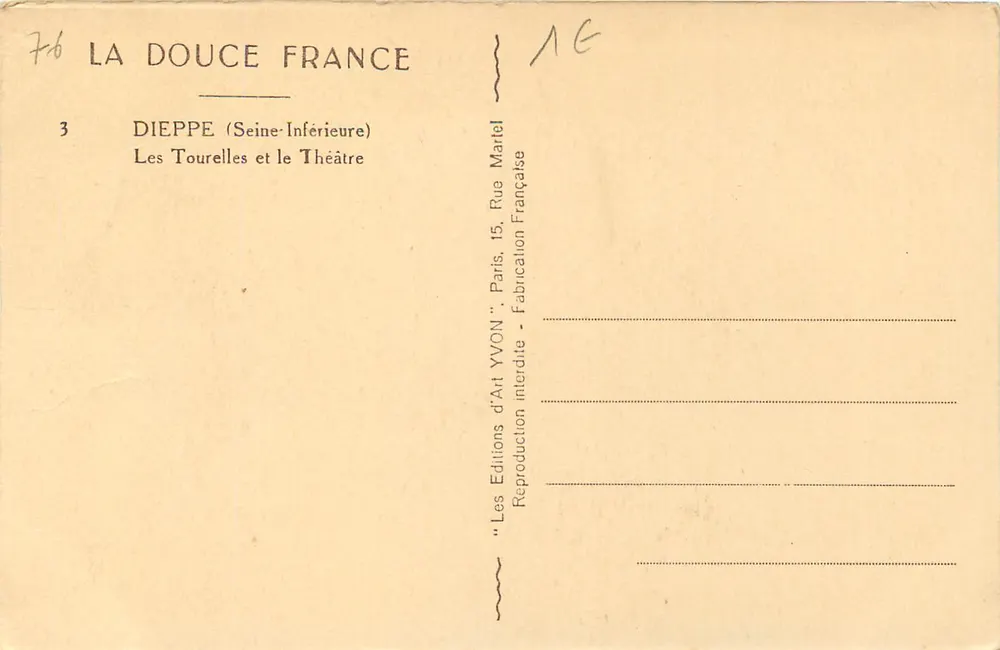 Dieppe (Seine-Inférieure) — Les Tourelles und das Theater — Éditions d'Art Yvon - Rückseite
