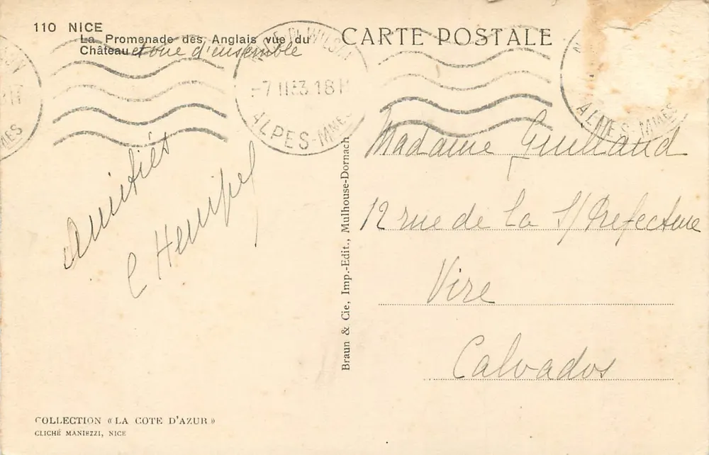 Nice — La Promenade des Anglais vue du Château et vue d'ensemble — Braun & Cie, Imp.-Edit., Mulhouse-Dornach - Verso