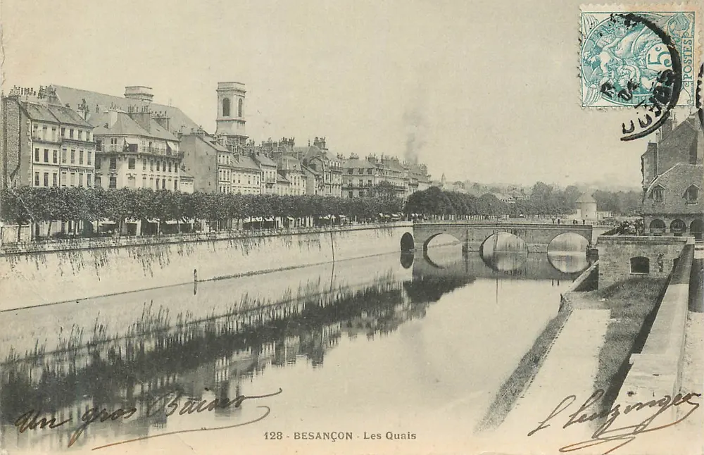 Besançon - Les Quais — vista dos quais e do ponte — editor L. Langinger, n° 128 - Frente
