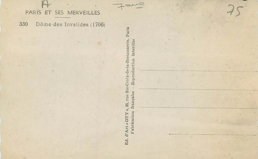 Dôme dos Invalides — Paris — Editor GUY - Verso