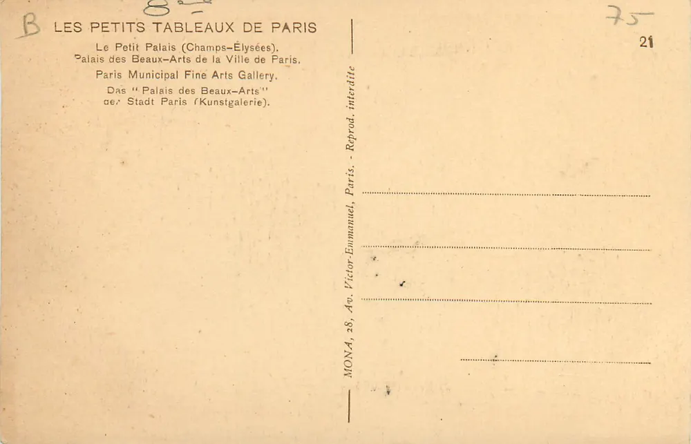O Pequeno Palácio (Champs-Élysées) — Palácio dos Belos-Artes da Cidade de Paris — editor MONA, n°21 - Verso