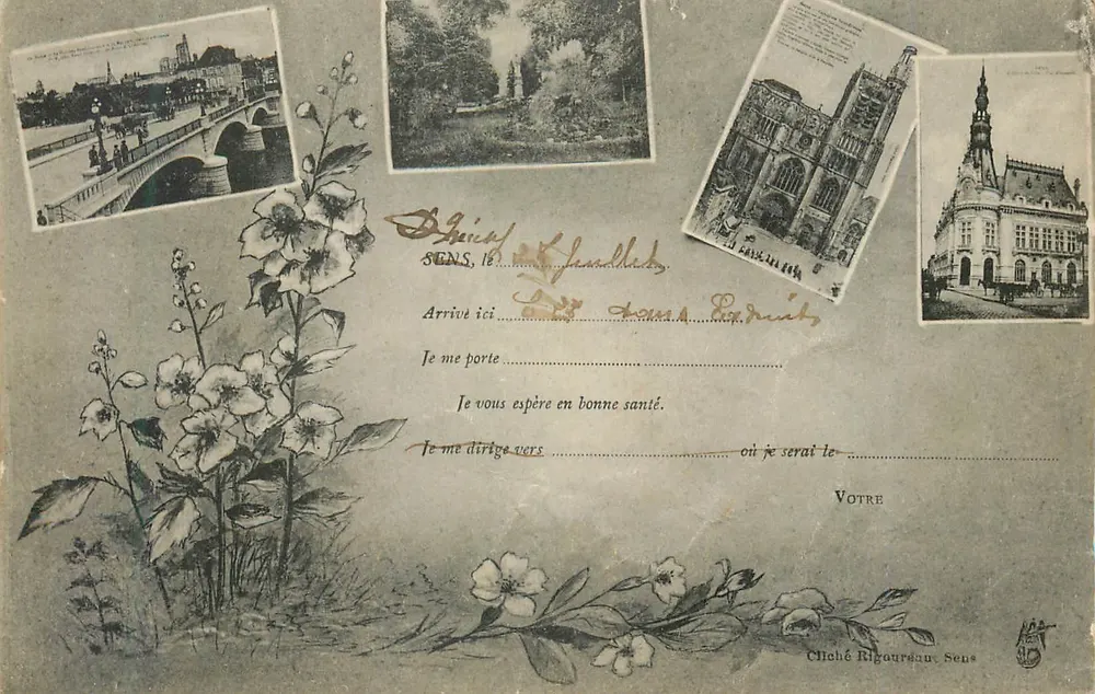 Sens — Carte postale décorative avec 4 vignettes — cliché Rigoureau, Sens - Frente