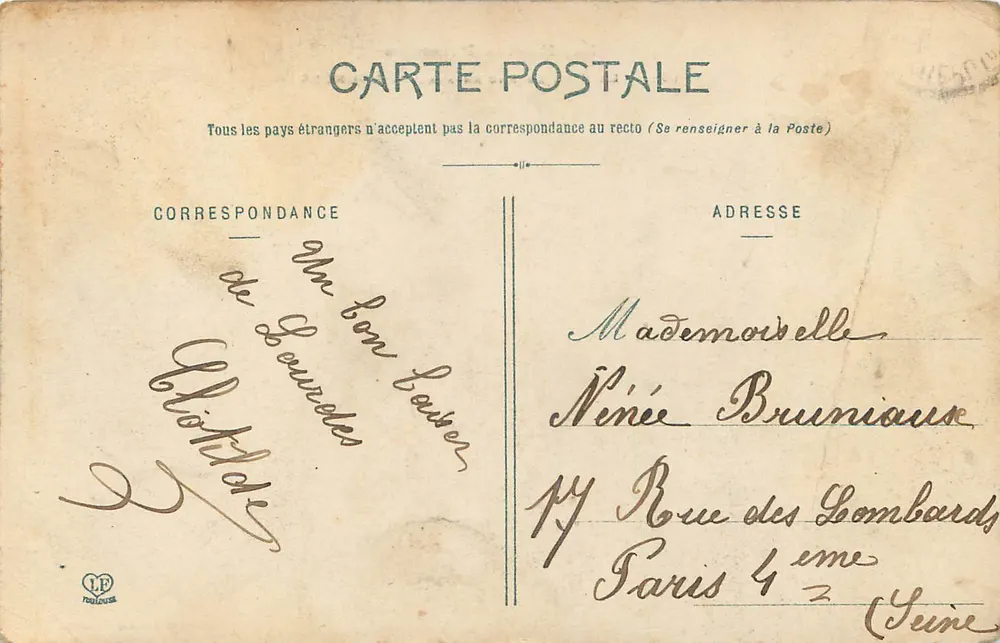 Der Gave de Pau unterhalb von Lourdes — Ansicht des Dorfes mit Kirche und Brücke, Verlag Phototypie Labouche Frères Toulouse, n° 194 - Rückseite