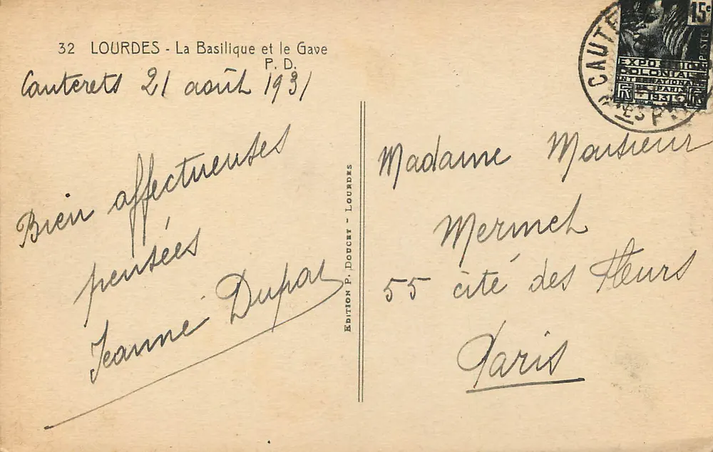 Lourdes — La Basilica e il Gave — Edizione P. Doucet - Verso