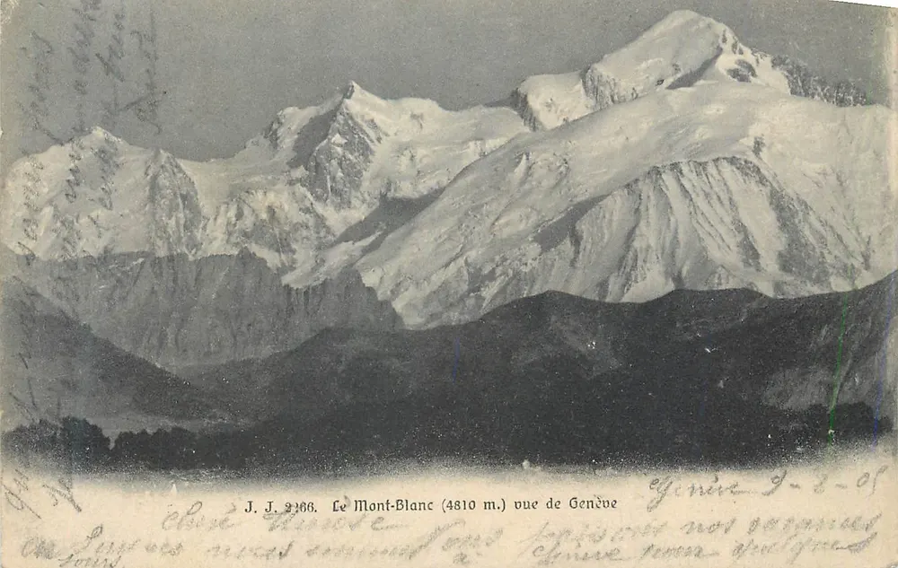 O Mont-Blanc (4810 m.) vista de Genebra — J. J. 2366 — Juillien Frères, Genebra - Frente