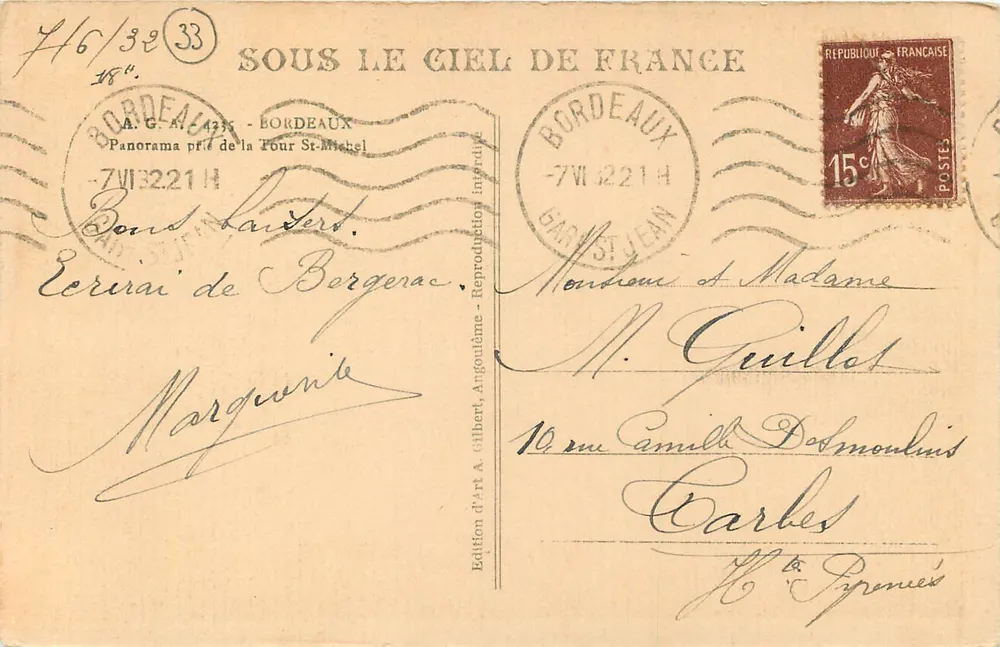 Bordeaux — Panoramablick auf die Tour Saint-Michel — Édition d'Art A. Gilber, Angoulême - Rückseite
