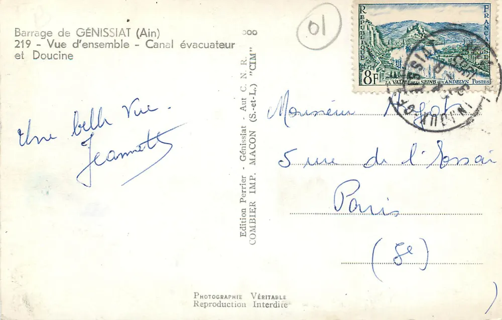 Staudamm von GÉNISSIAT (Ain) — Überblick - Entwässerungskanal und Doucine — Édition Perrier, COMBIEUX (S.-et-L.) - Rückseite