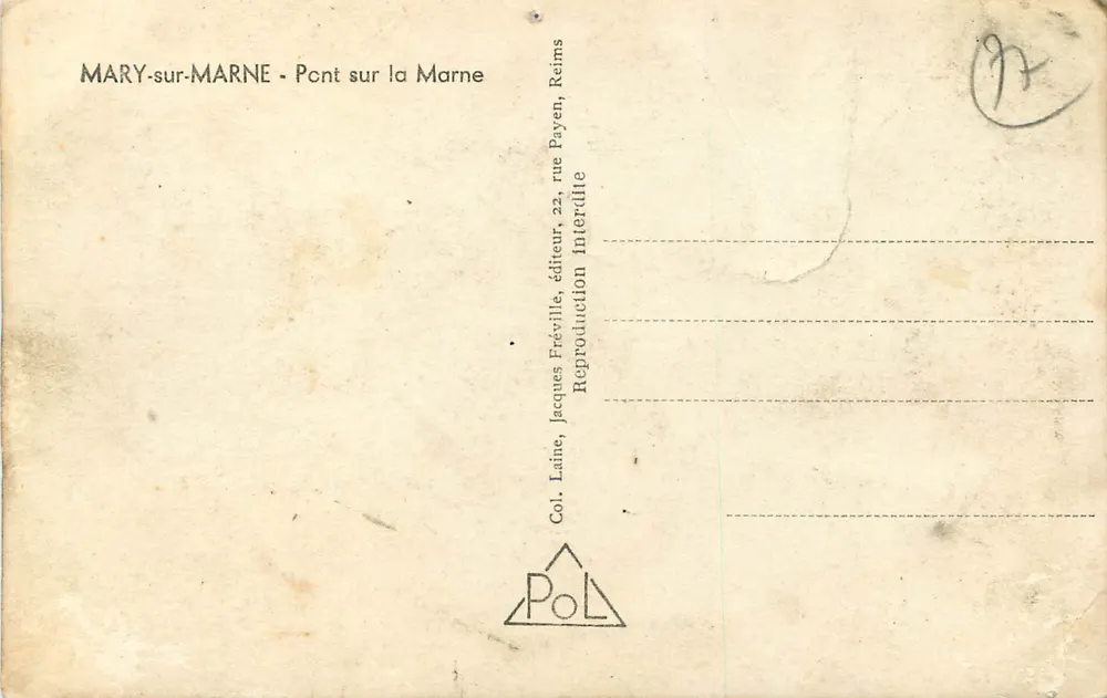 MARY-sur-MARNE — Ponte sobre a Marne — editor Jacques Fréville, Reims - Verso