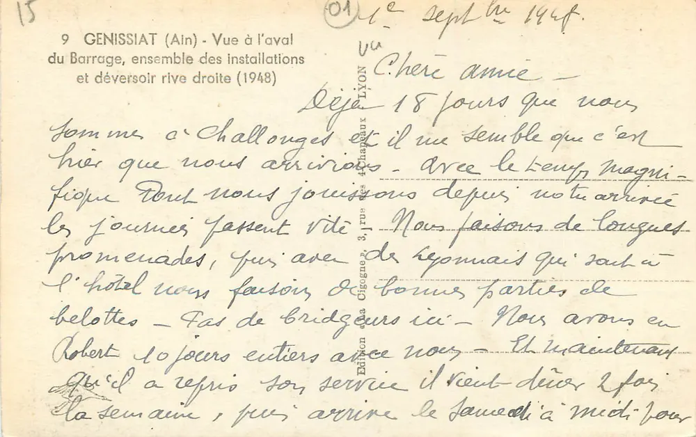 Genissiat (Ain) — Ansicht stromabwärts des Staudamms, Anlagen und Spillway auf der rechten Seite (1948) — Edition des Achapaux, Lyon - Rückseite