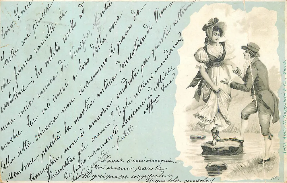 Scène de rivière — couple en tenue d'époque — Artisi, Arthur H. Guggenhein & Co., Zurich, N° 7 - Frente