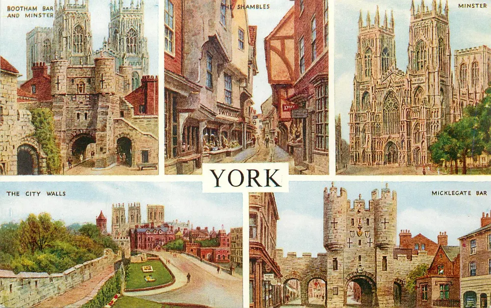 York — Bootham Bar e Minster, The Shambles, Micklegate Bar, As Muralhas da Cidade — J. Salmon Watercolour Post Card - Frente