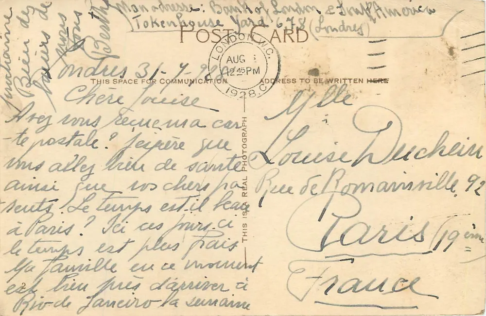 Catedral de St. Paul — Londres — carta postal datada de 1928 - Verso