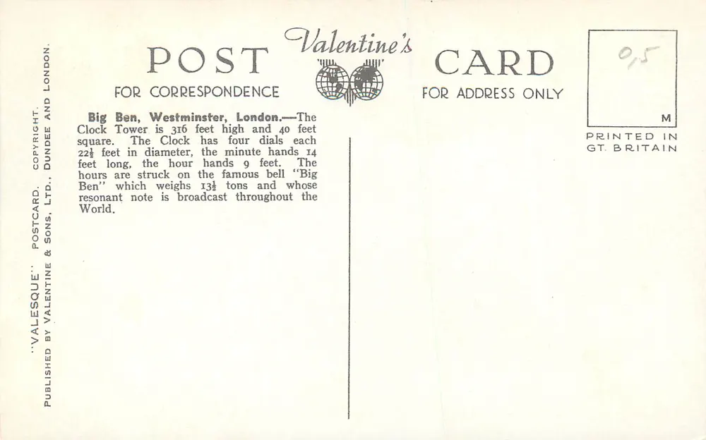 Big Ben, Westminster, Londyn — Valentine's Postcard, seria G.5795 - Rewers