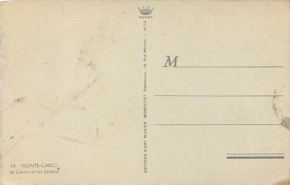 Monte-Carlo — Le Casino et les Jardins — Éditions Munier - Verso