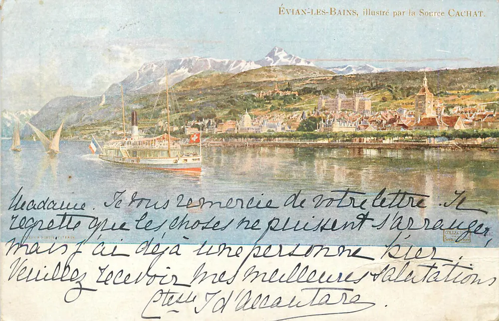 Évian-les-Bains — vue panoramique avec bateau à vapeur — illustrée par la Source Cachat - Recto