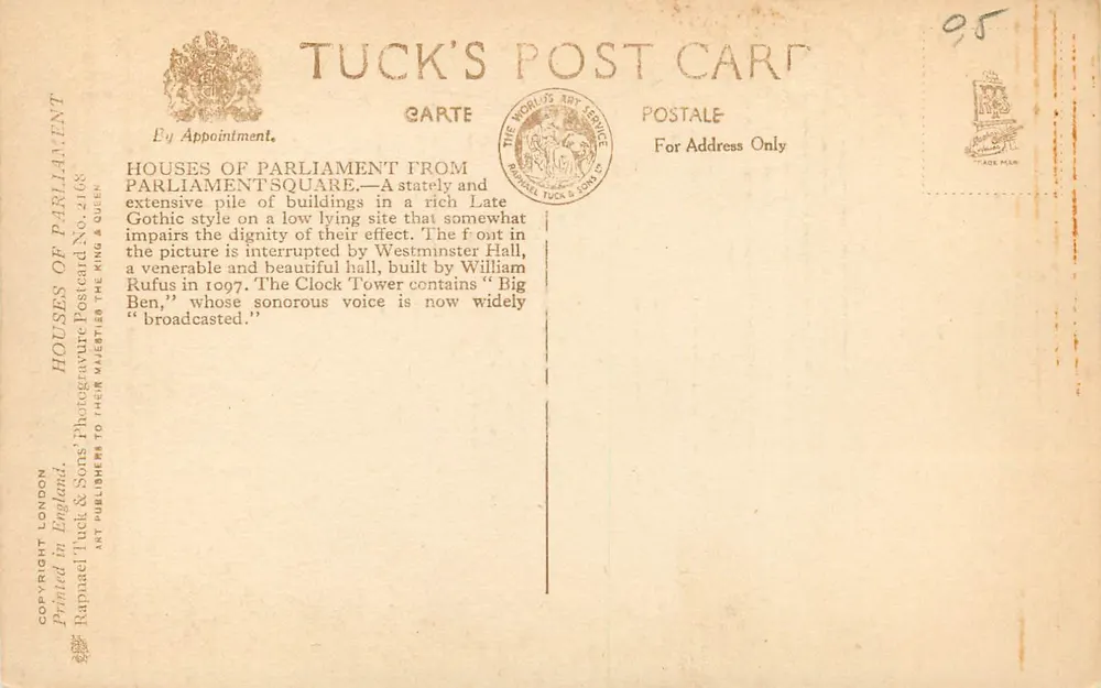 Die Säle des Parlaments von der Place du Parlement aus gesehen — Antike Ansichtskarte Tuck's No. 2168 - Rückseite