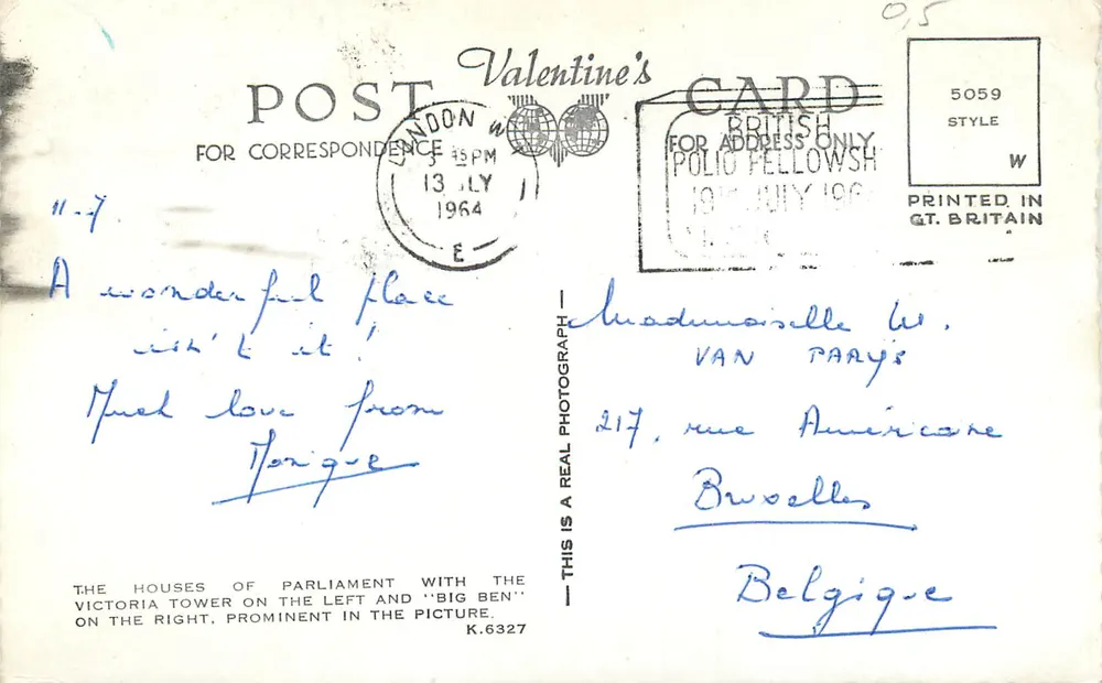 Westminster Bridge und Houses of Parliament, London — Valentine's Postcard K 6327 - Rückseite