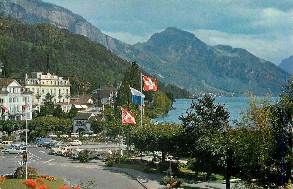 Weggis — vista do lago com a Rigi — Kurort Weggis mit Rigi, No. 155, Verlag & Farbfoto Weggis - Frente