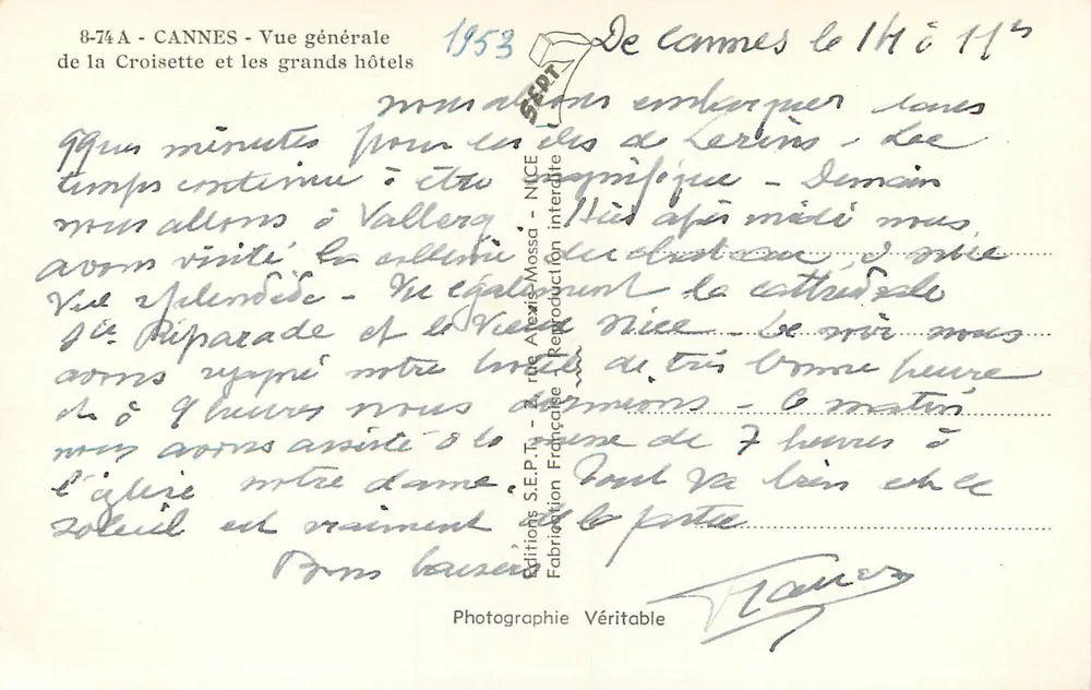 Cannes - Vue générale de la Croisette et les grands hôtels — Éditions S.E.P.T. n° 8-74A - Verso