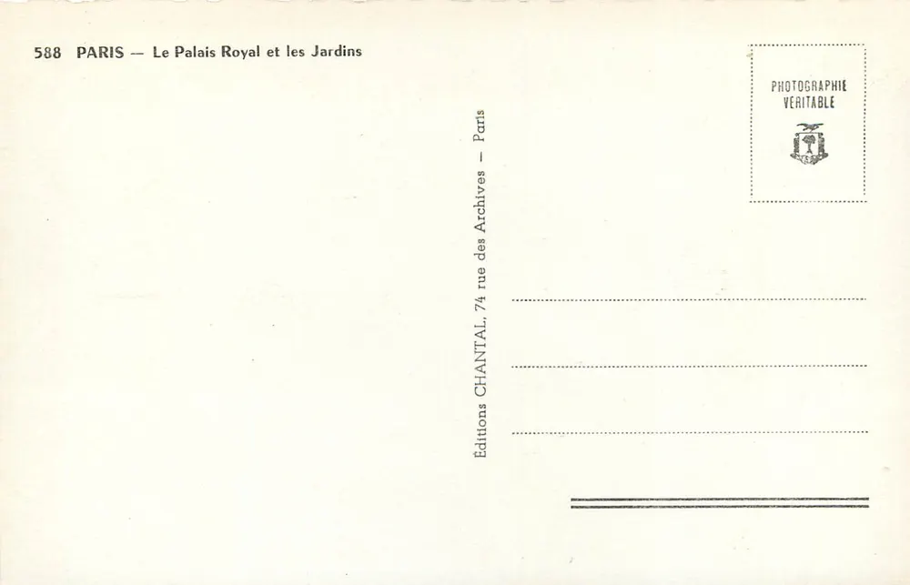 Paris — O Palácio Real e os Jardins — Éditions Chantal, n° 588 - Verso