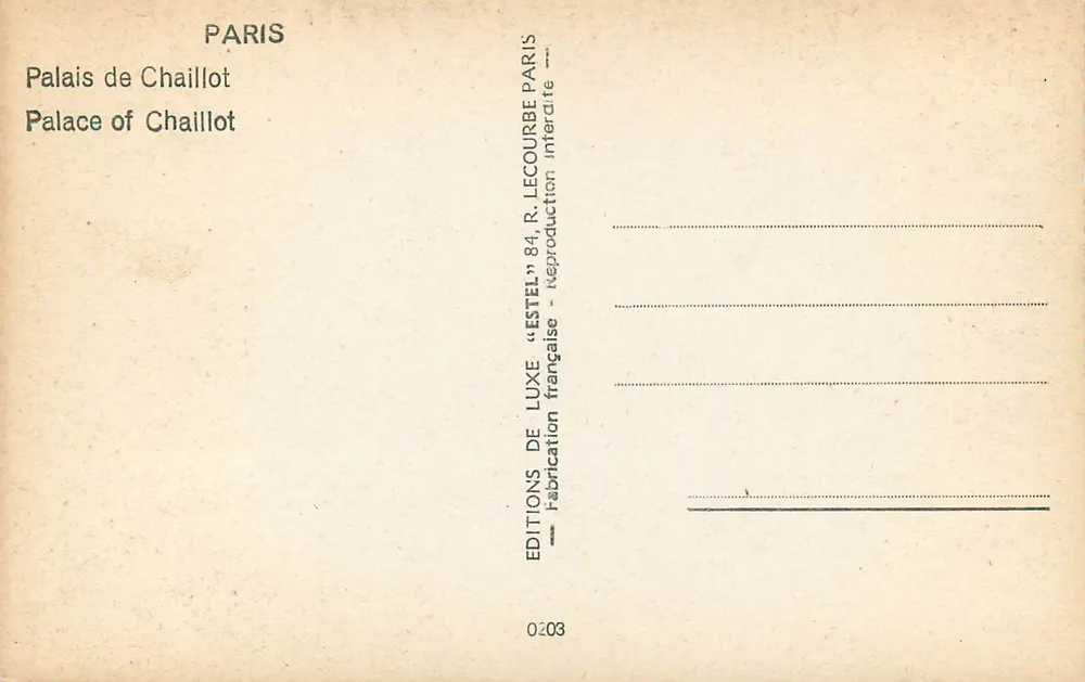 Palácio de Chaillot — Paris — Editor Estel, n°0203 - Verso