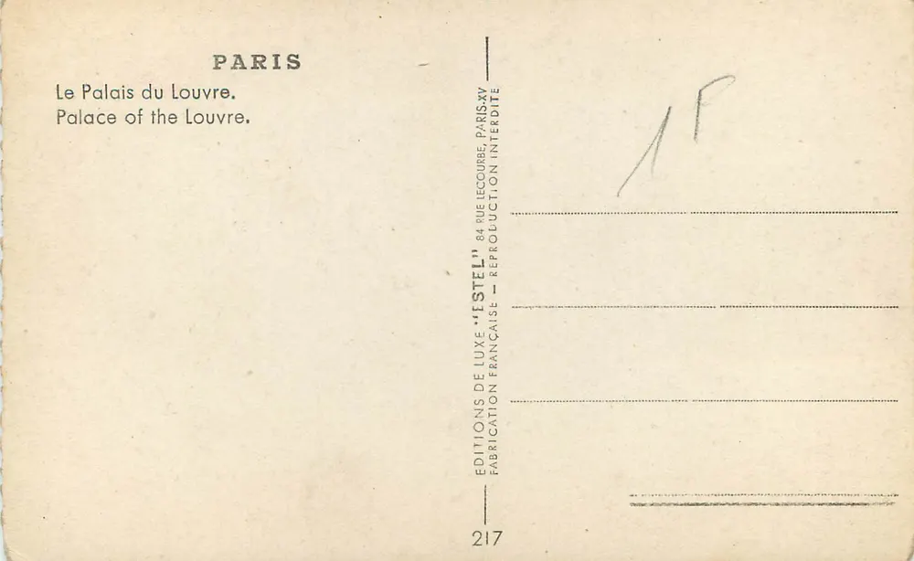 O Palácio do Louvre — Paris — Editor Estel, n°217 - Verso