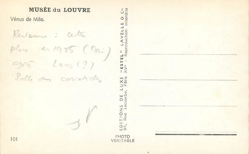 Vênus de Milo — Museu do Louvre — Éditions de Luxe Lavelle & Cie - Verso