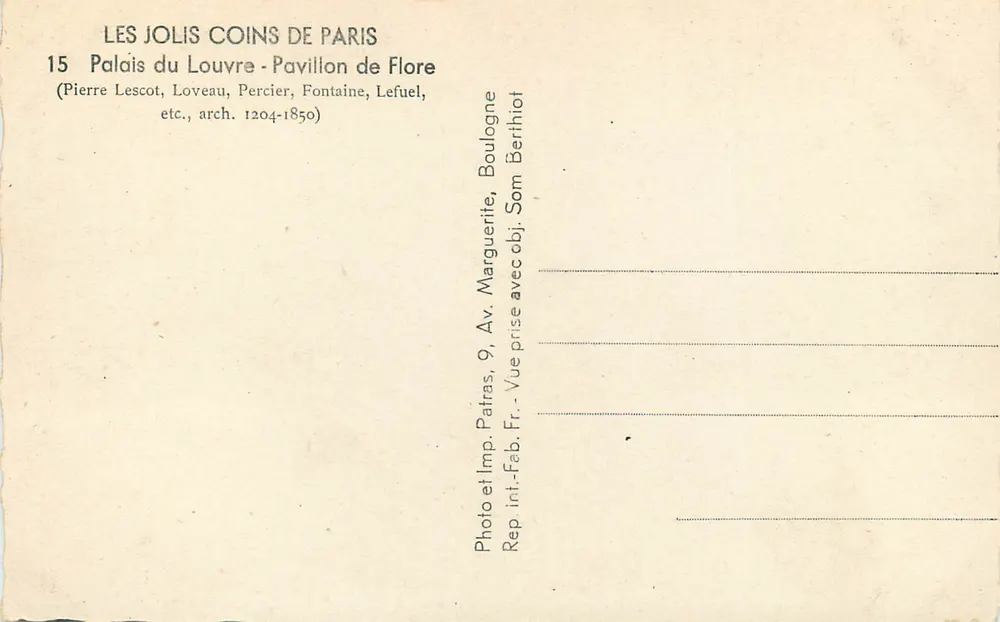 Palais du Louvre - Pavillon de Flore — vue avec fontaine — éditeur Patras - Verso