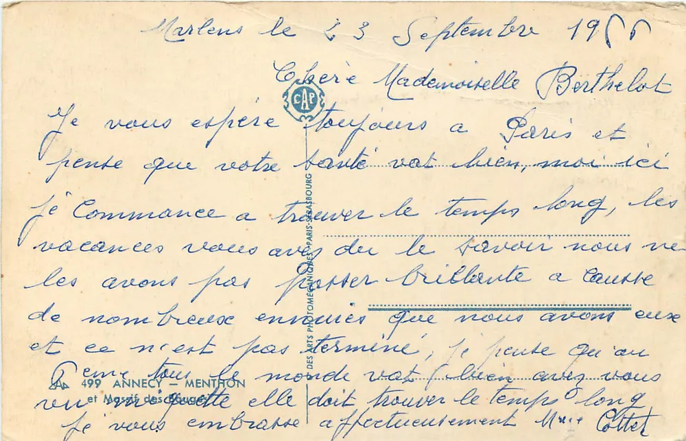 Teleférico acima de um lago — Annecy-Menthon — editor Des Arts Phtomégraphiques Paris-Saône - Verso