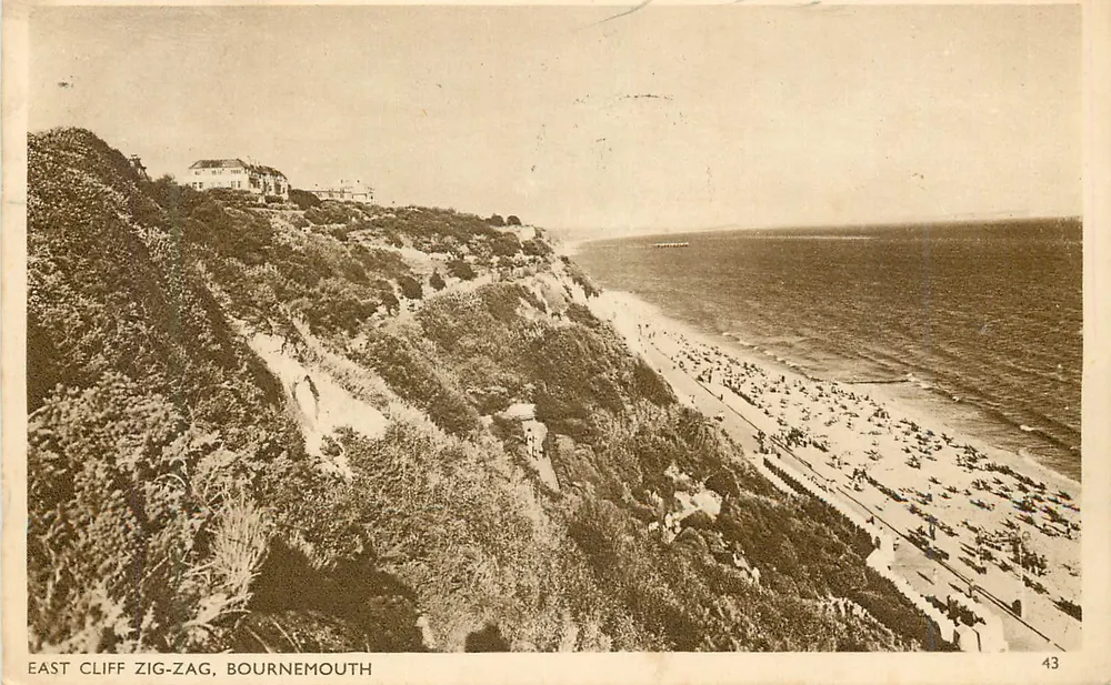 East Cliff Zig-Zag, Bournemouth — vista da praia e das falésias — série 'Sunny South' publicada por Dearden and Wade, n°43 - Frente