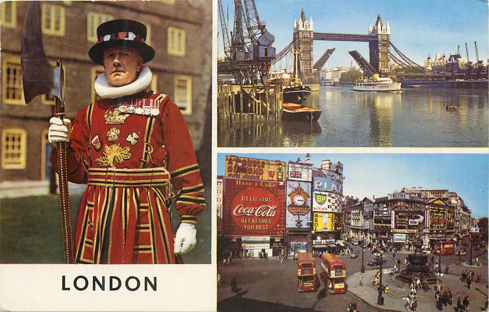 Londres — Beefeater na Torre de Londres, Ponte Tower e Piccadilly Circus — editor PLC1071 - Frente