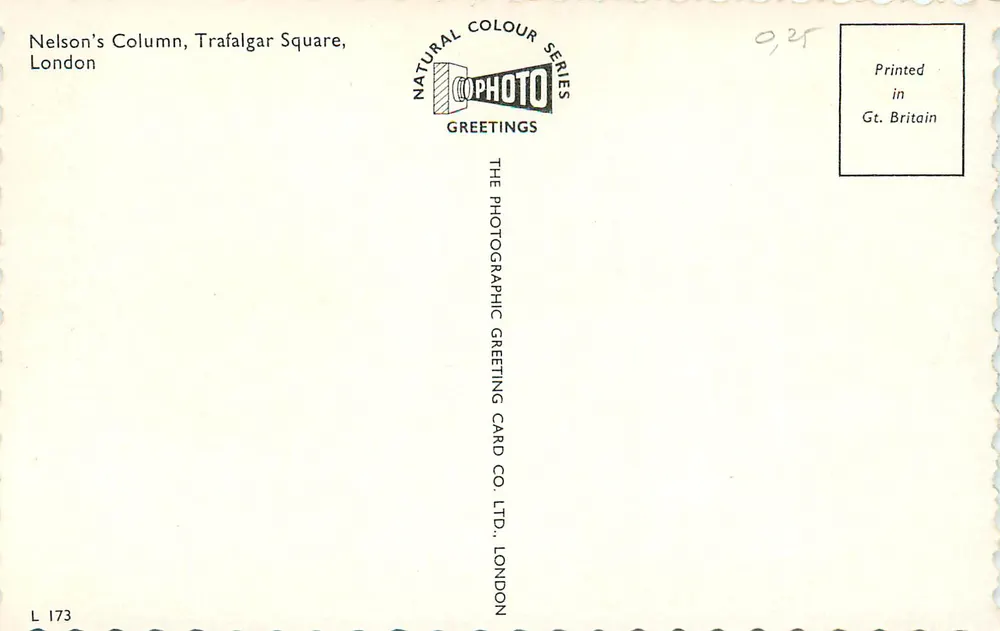 Coluna de Nelson, Praça de Trafalgar — Londres — The Photographic Greeting Card Co. Ltd. n° L 173 - Verso