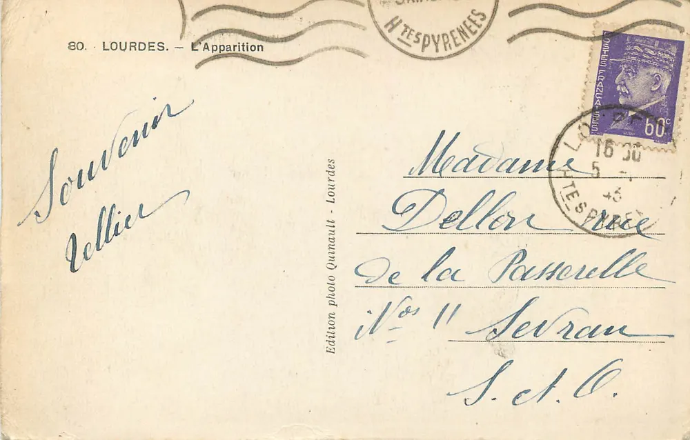 Lourdes — L'Apparition — Édition photo Quenault - Lourdes N° 11 - Verso