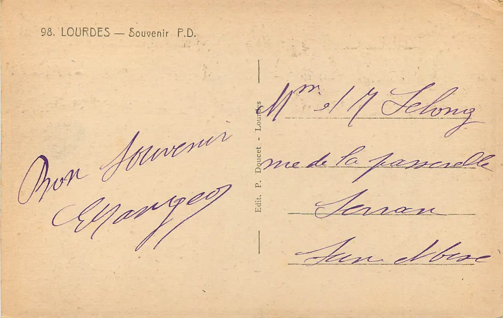 Lourdes — Gruta de Massabielle — Editor P. Doucet, n°98 - Verso