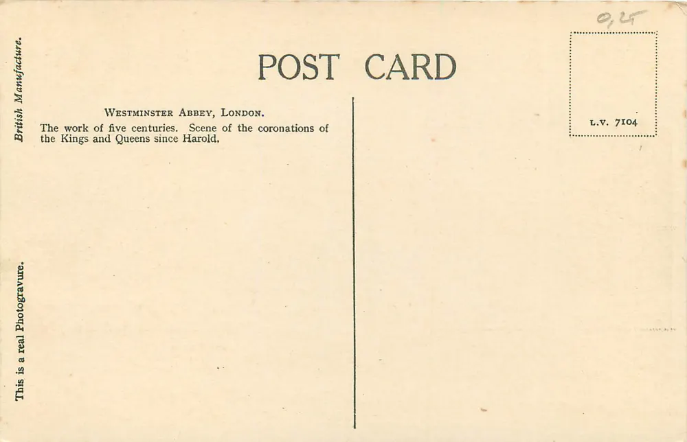 Westminster Abbey, Londyn — widok fasady i dzwonnicy — British Manufacture, L.V. 7104 - Rewers