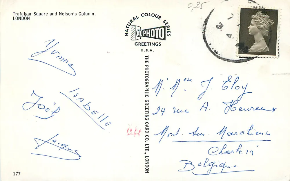 Trafalgar Square e a Coluna de Nelson — série Natural Colour, n°177 — The Photographic Greeting Card Co., Ltd., Londres - Verso