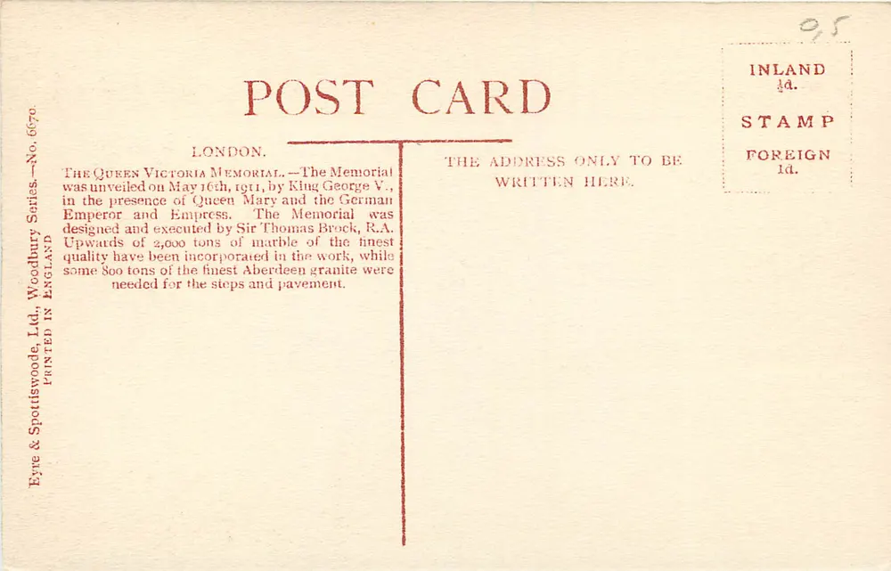 Le Mémorial de la Reine Victoria — Londres — Éditeur Eyre & Spottiswoode, Ltd., Woodbury Series No. 6670 - Verso