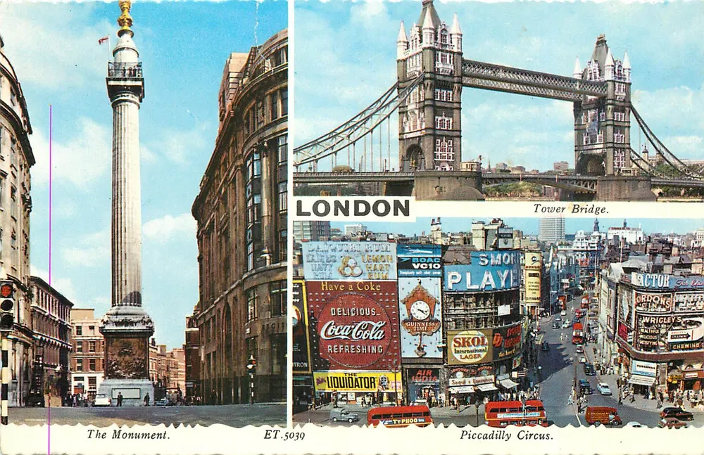 Londres — O Monumento, Tower Bridge, Piccadilly Circus — Valentine Printers & Publishers, n° ET.5030 - Frente
