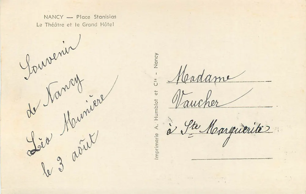 Nancy — Place Stanislas — Das Theater und das Grand Hotel — Druckerei A. Humblot et Cie - Rückseite