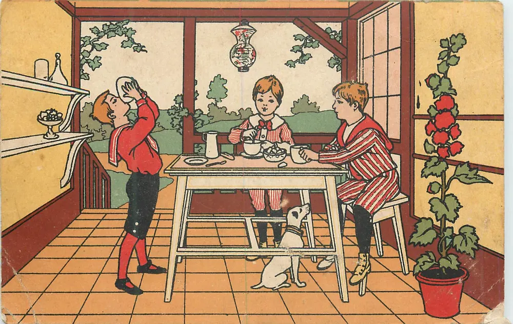 테이블 주변에서 식사하는 아이들 — 출판사 C. Beriot, Lille - 앞면