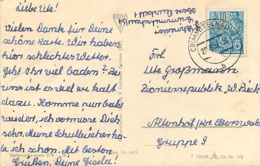 Crimmitschau i. Pa. - Gondelstation am Forsthaus Lahnpark — Verlag ERKA, Seriennummer 5873 - Rückseite